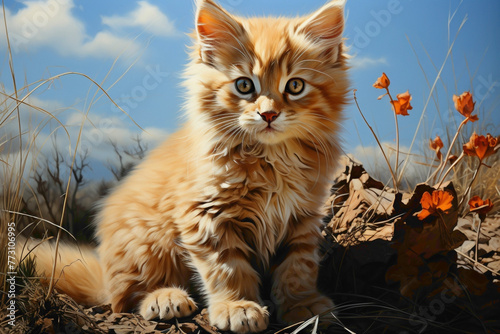 A charming orange kitten with a mischievous expression, nestled against a calming blue background, capturing the contrast of its vibrant fur against the serene color.