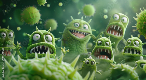 A group of cute green bacteria with big eyes and open mouths, fighting against a blueish black background © Kien