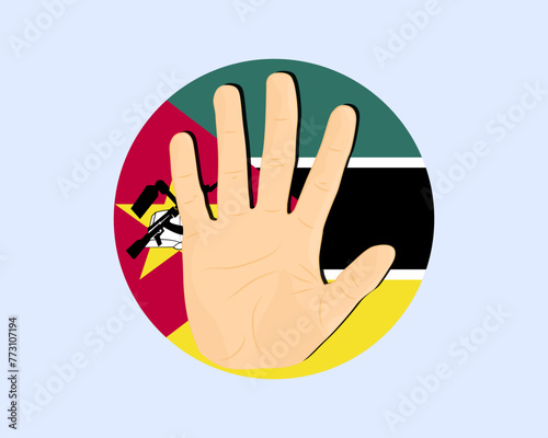 Mozambique flag with hand stop sign, protest and human rights idea