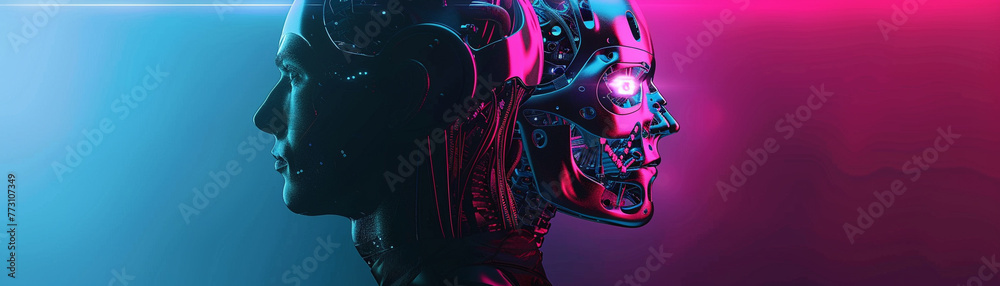 A cyborg and a human standing side by side, each showcasing a different blend of technological and organic features against a vibrant, neon-lit background A cyborg and a human standing side by side, each showcasing a different blend of technological and organic features against a vibrant, neon-lit background