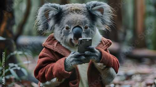 Portrait of a koala in clothes, holding a smartphone and sending a message in nature photo