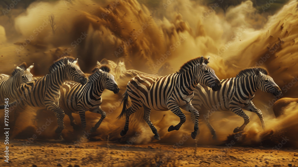 Fototapeta premium A herd of zebras running in the savannah, showcasing their unique stripes and fur patterns