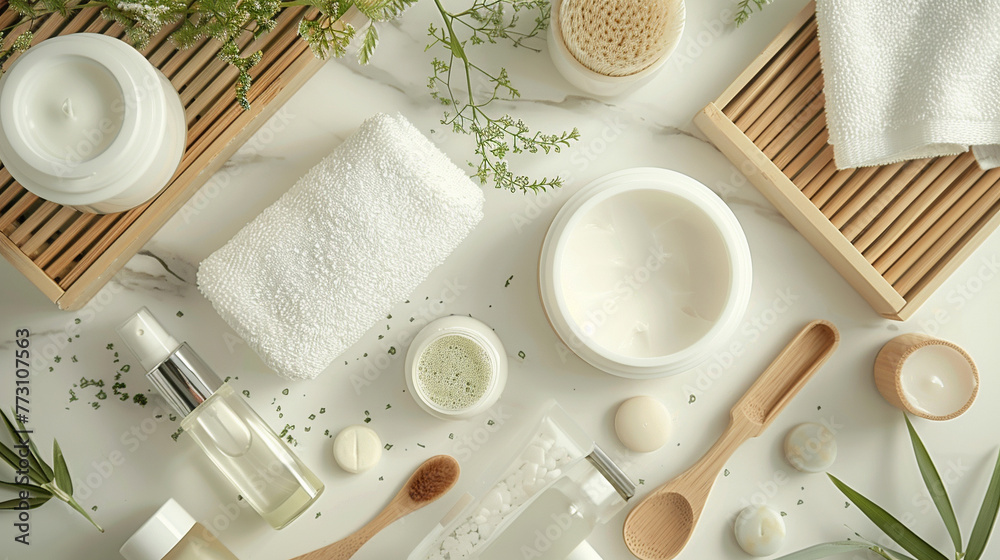 A serene study of skincare essentials on a white background, featuring bamboo accents, A serene study of skincare essentials on a white background, featuring bamboo accents,