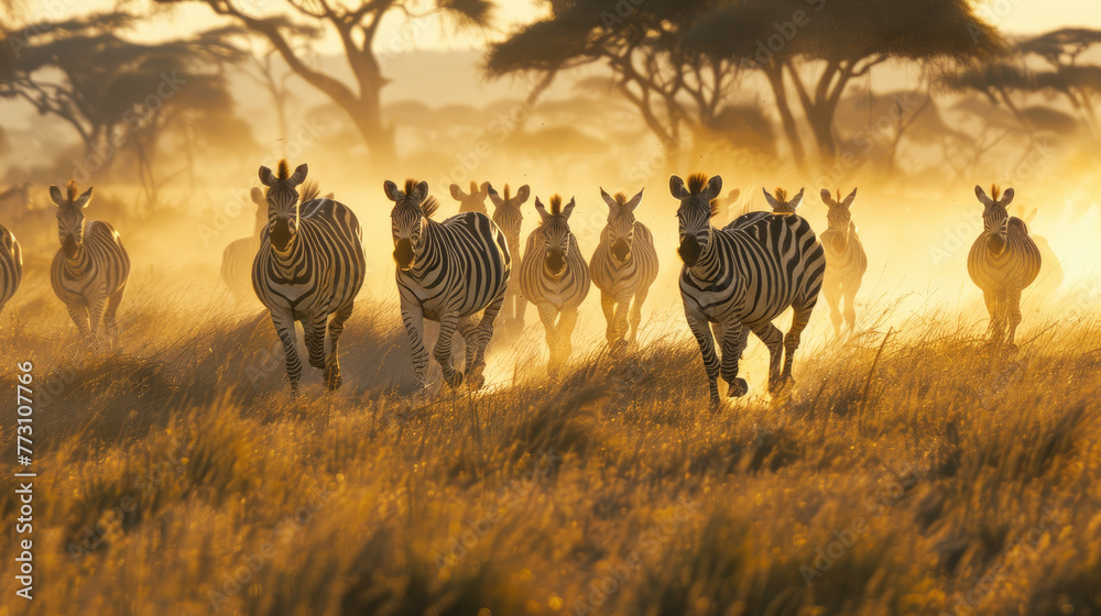 Naklejka premium A herd of zebras running in the savannah, showcasing their unique stripes and fur patterns
