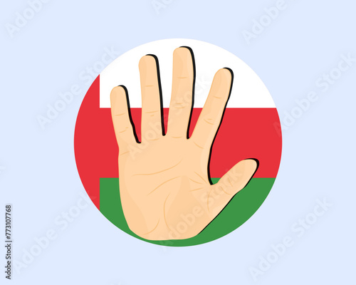 Oman flag with hand stop sign, protest and human rights idea