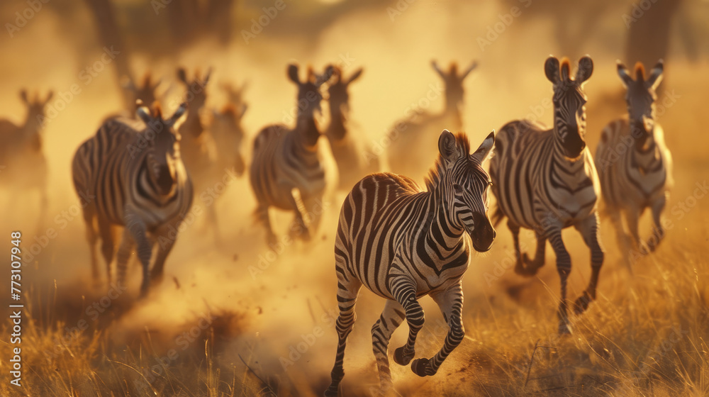 Fototapeta premium A herd of zebras running in the savannah, showcasing their unique stripes and fur patterns