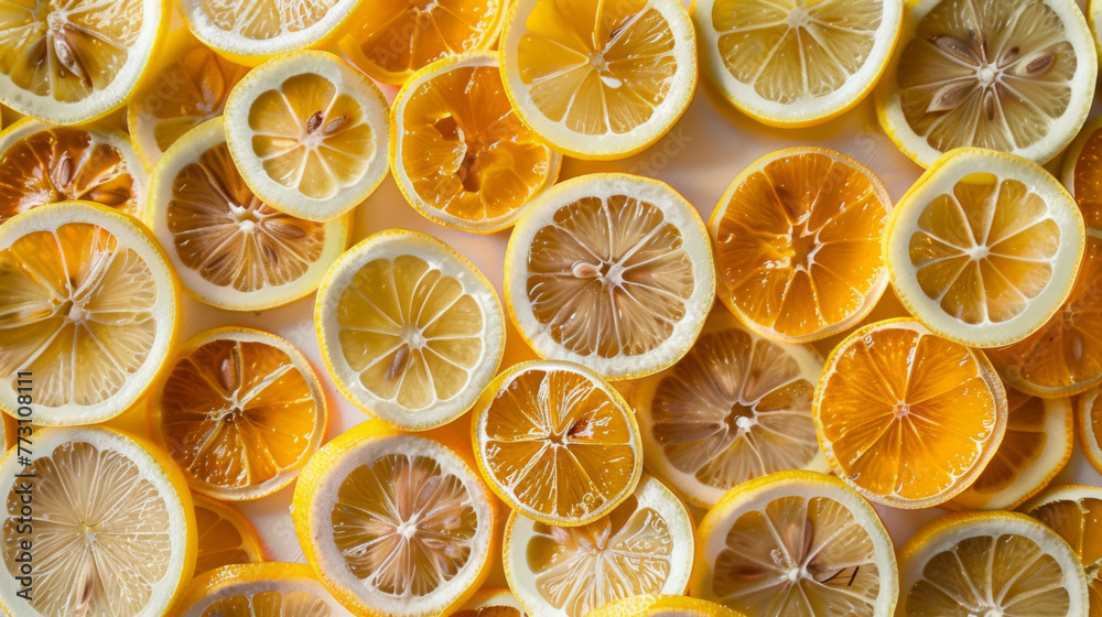 Sliced yellow lemons arranged tightly to form a vibrant textured background. Sliced yellow lemons arranged tightly to form a vibrant textured background.