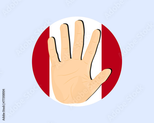 Peru flag with hand stop sign, protest and human rights idea