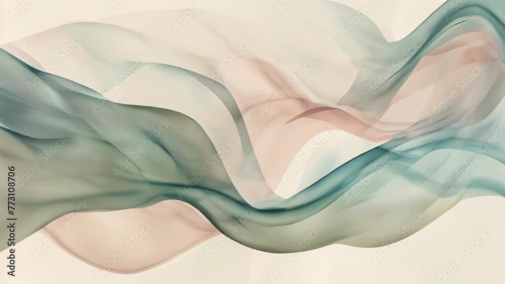 Soft pastel color gradients paint an abstract pattern resembling gentle flowing movements. Mint green and peach tones intertwine, creating undulating dynamic motion. 