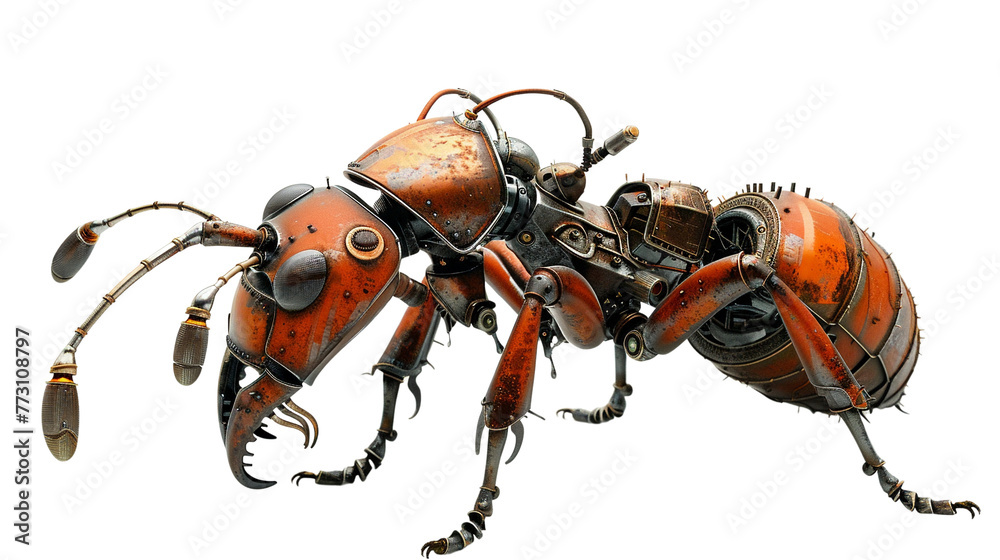 A whimsical steampunk ant with segmented exoskeleton and steam-powered mandibles - obrazy, fototapety, plakaty 