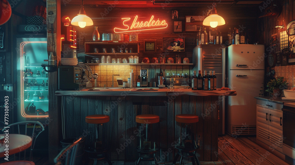 Neon accents punctuate a cozy kitchen nook, casting a warm glow over rustic wooden surfaces and vintage decor, blending modernity with nostalgia. 8K