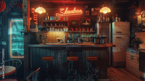 Neon accents punctuate a cozy kitchen nook, casting a warm glow over rustic wooden surfaces and vintage decor, blending modernity with nostalgia. 8K