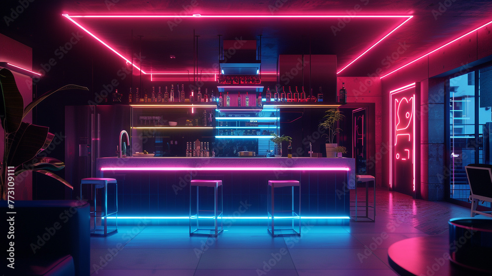 Neon lights dance across a high-ceilinged kitchen space, accentuating architectural features and creating a dynamic atmosphere for culinary creativity. 8K