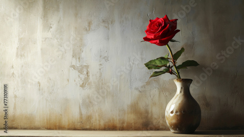 A single red rose flower in a ceramic vase standing on a textured beige wall background with empty copy space. Elegant home decor photo