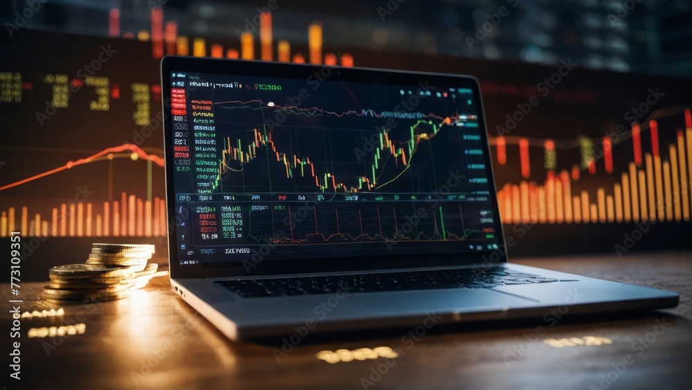 Displaying bullish and bearish charts on trading platforms and trading laptops Displaying bullish and bearish charts on trading platforms and trading laptops
