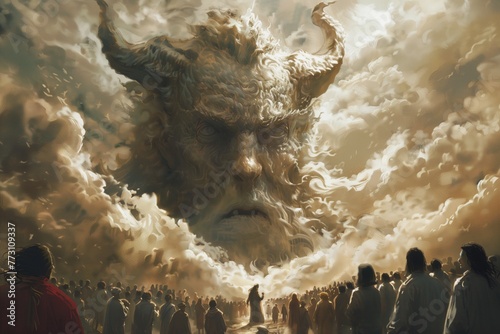 Enraged angry God with horns appeared to the population from heaven from sky clouds with a menacing look, punish to judge humanity, to be responsible for their actions photo
