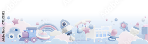 Baby shower 3d vector seamless border, cartoon newborn care accessories and entertainment cute render toys on blue cloud