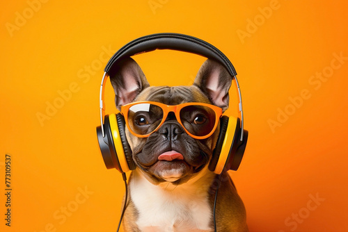 A charming dog, ears flopping, immersed in music while wearing fashionable headphones and modern dog attire against a vibrant orange background. photo