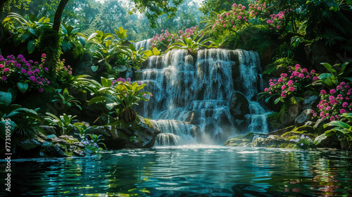 Tranquil scene of a waterfall with lush flora in a misty forest