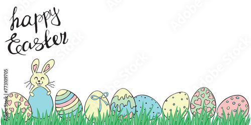 Decorative Easter eggs and cute bunny with lettering. Background, title, bottom edging, border, decoration for greeting card, invitation. Vector contour hand drawn doodle flat style