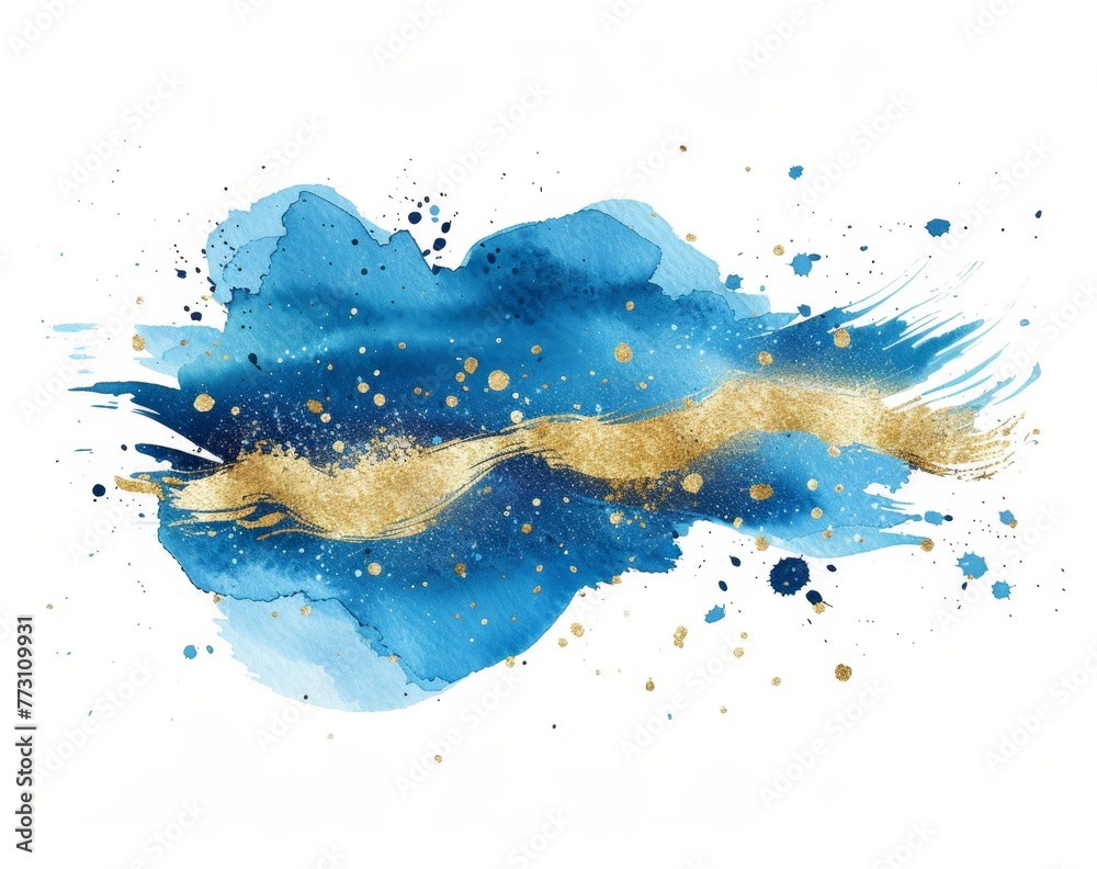 Obraz premium KS Watercolor blue abstract splash with gold glitter vect