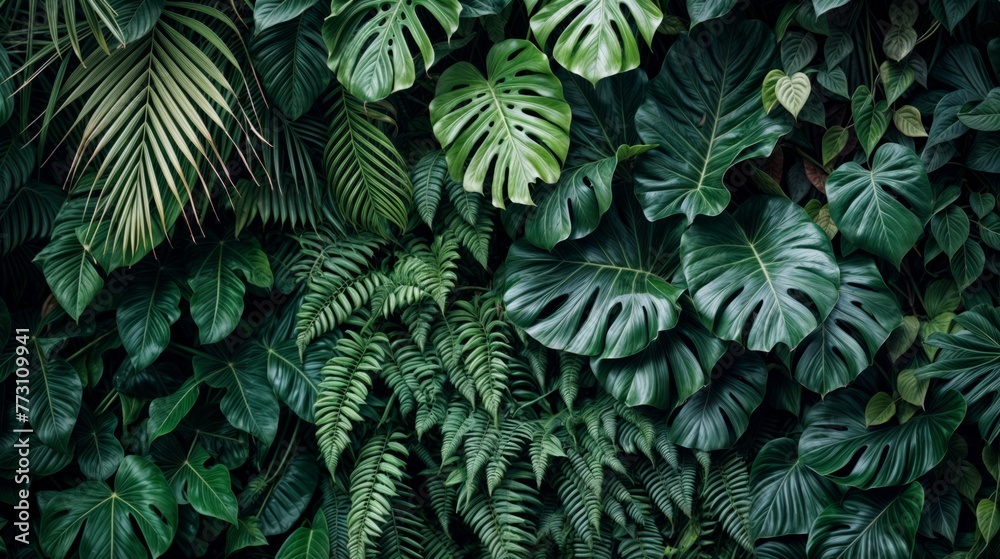 Tropical leaves background. Green leaves pattern. Tropical leaves background