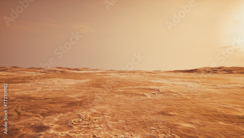 Martian landscape in futuristic Sci-Fi concept. 3D Rendering of alien planet 's desert terrain. photo