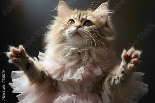 A charming cat in a pink tutu, gracefully stretching its paws while standing on its hind legs against a soft white background. © Animals