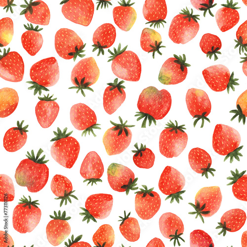 Seamless pattern with hand drawn watercolour strawberries on white background. Fresh delicious fruits wallpaper for textile, wrapping paper