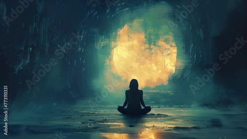 Surrounded by natures silence and the darkness of the cave a person sits in a lotus position their expression serene as they delve into their own mind and soul seeking enlightenment photo