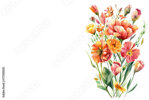 Vibrant watercolor bouquet on white background with copy space. Greeting card template. Mother s Day  Birthday  March 8