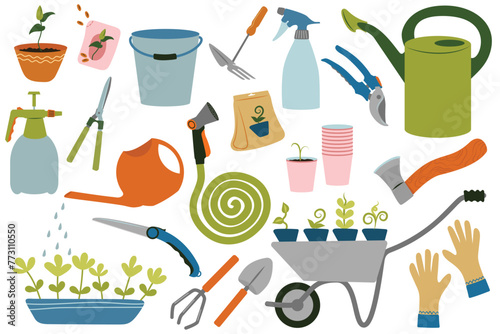 Set of gardening items in flat style. Agricultural and garden tools for spring work.