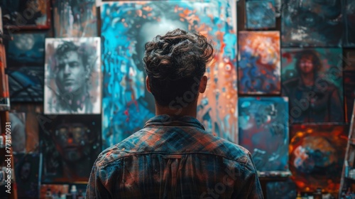AI technology revolutionizing the art industry with algorithmic creations in studios. Automated art production leading to job displacement for artists. photo