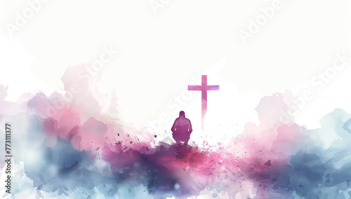 A man kneeling in prayer, with the cross of Jesus behind him, on an empty white background, surrounded by clouds