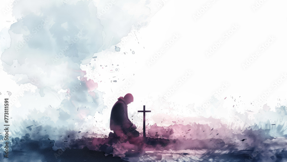 A man kneeling in prayer, with the cross of Jesus behind him, on an empty white background, surrounded by clouds - obrazy, fototapety, plakaty 