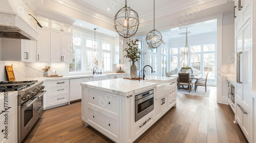 Step into a realm of luxury with a mesmerizing view of a pristine white kitchen space enhanced by a warm wooden floor and an expansive kitchen island  exuding both functionality and style. 8K.