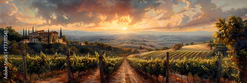 The sun breaks through the clouds in this superb,
Vineyards in Tuscany at sunset Italy Europe