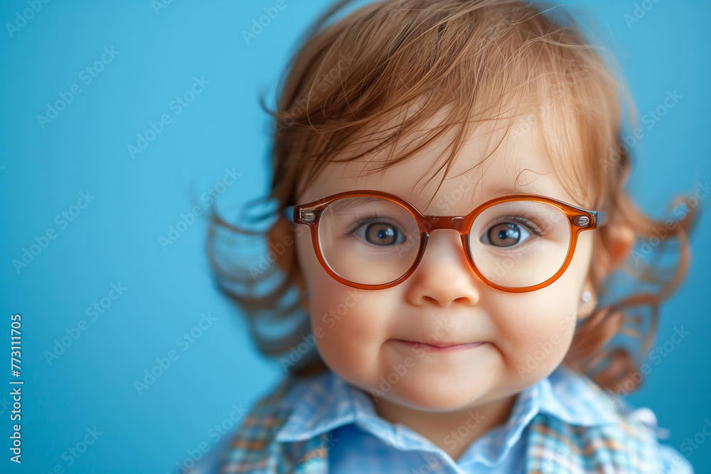 Cute little boy with glasses on blue background, childhood, cheerful, small, one person Cute little boy with glasses on blue background, childhood, cheerful, small, one person