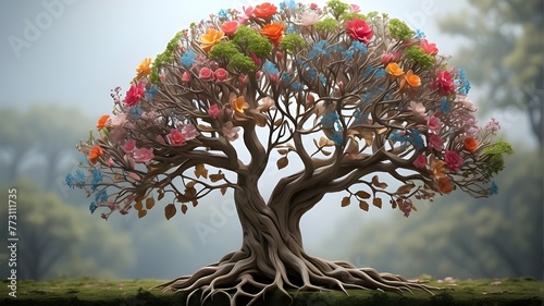 A human brain is intricately intertwined with the branches of a tree, adorned with {blooming flowers}. The brain exhibits realistic details, with convoluted folds and intricate neural pathways, while  photo