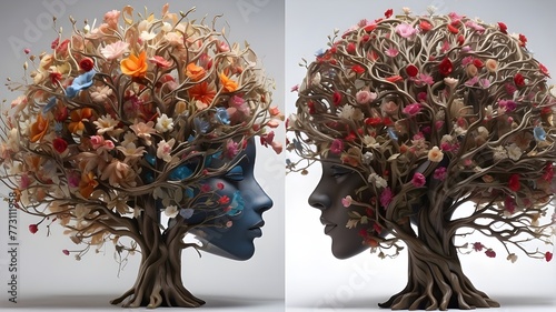 A human brain is intricately intertwined with the branches of a tree, adorned with {blooming flowers}. The brain exhibits realistic details, with convoluted folds and intricate neural pathways, while 