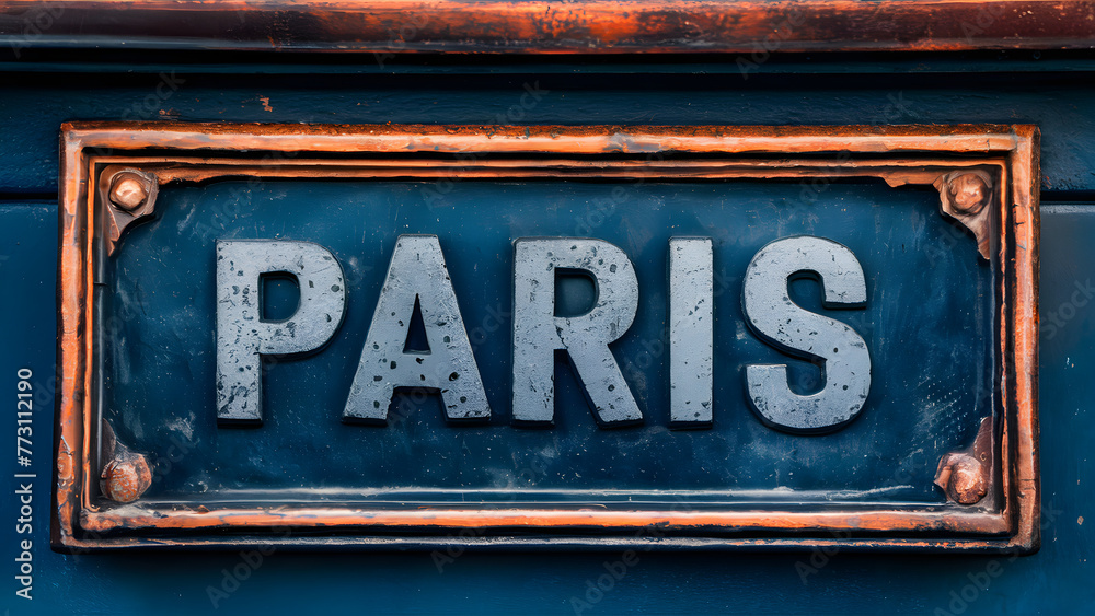 Fototapeta premium A weathered and rusty metal plate with the word “PARIS” embossed on it.