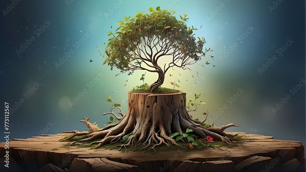 Digital illustration portraying a {young sapling} sprouting from the {weathered remains of an old tree stump}. The sapling is stylized with vibrant colors and dynamic lines, symbolizing hope and vital - obrazy, fototapety, plakaty 