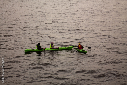 active adventurous sport kayaking on the river two kayaks with people  photo