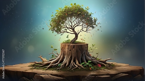 Digital illustration portraying a {young sapling} sprouting from the {weathered remains of an old tree stump}. The sapling is stylized with vibrant colors and dynamic lines, symbolizing hope and vital photo