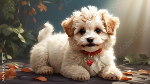 Digital illustration of a {Maltese Poodle puppy}, affectionately referred to as a Maltipoo, portrayed with a delightful smile against a white background. The puppy's fur is stylized with soft, fluffy  photo