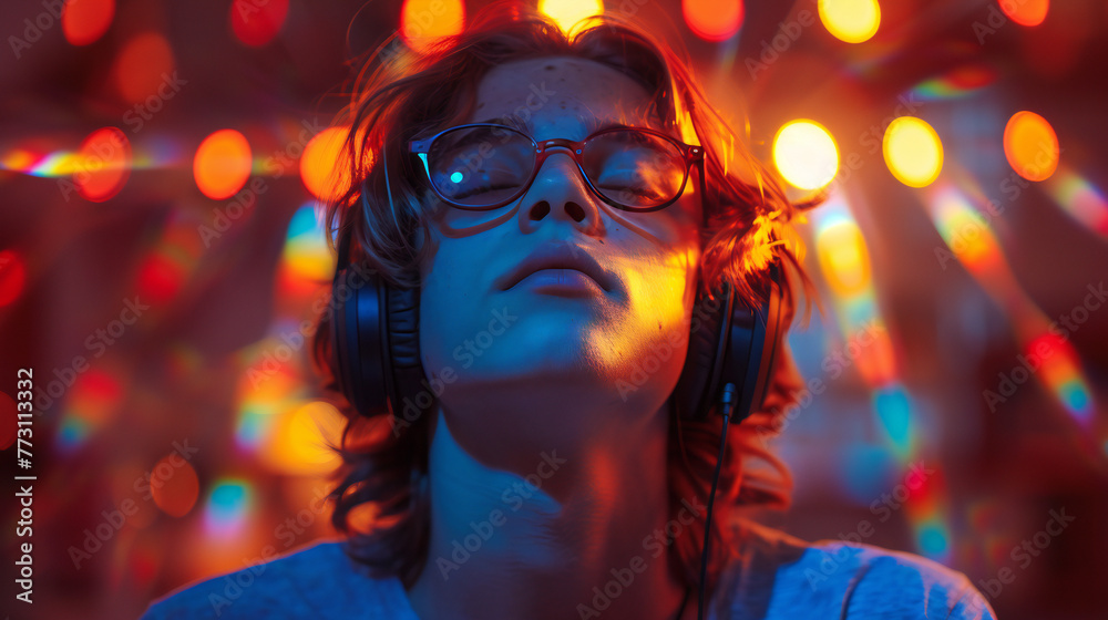 Man in Headphones with Vivid Bokeh Lights Background
