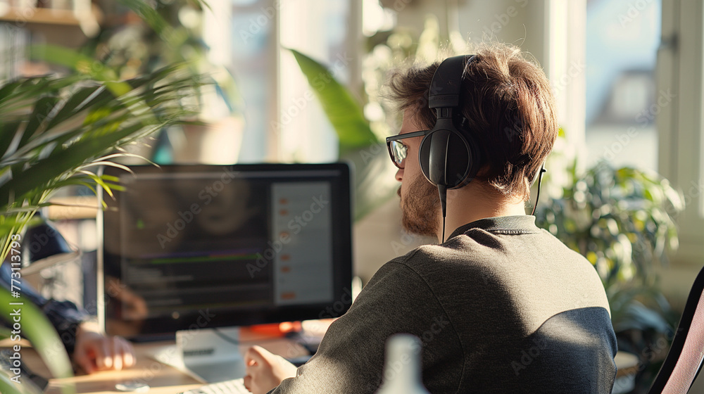 An analyst in a shared workspace, headphones on, deeply focused on a financial modeling software, the diversity of the coworking environment highlighted by the natural light and so An analyst in a shared workspace, headphones on, deeply focused on a financial modeling software, the diversity of the coworking environment highlighted by the natural light and so