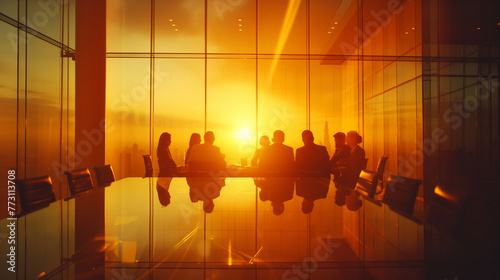 An early morning strategy session among financial analysts, the rising sun casting soft light through floor-to-ceiling windows, energizing the team as they lay out the day's financ