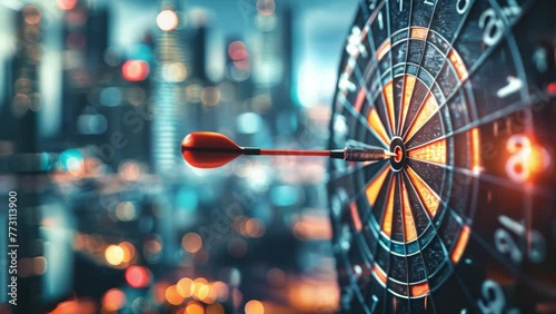 Close-up of a sleek, sharp dart piercing the center of a target board, symbolic of successful business targeting and achievement, office setting backdrop photo