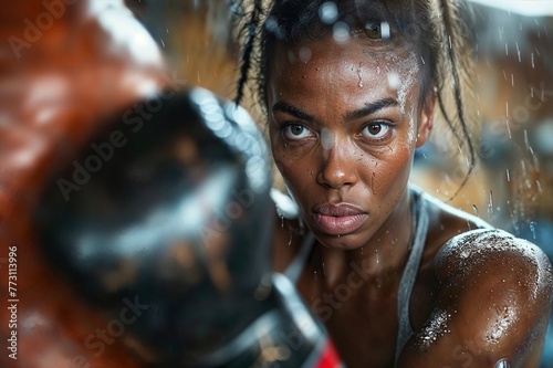 Kraft und Eleganz: Afrikanische Frau beim Box-Training für Fitness photo